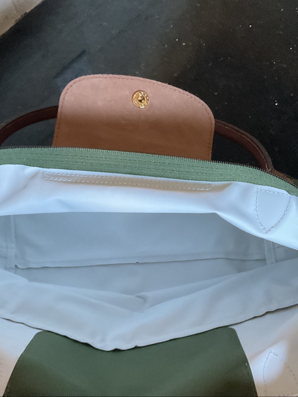 Longchamp Olive Nylon Tote with Brown Leather Trim - Picture 7 of 11
